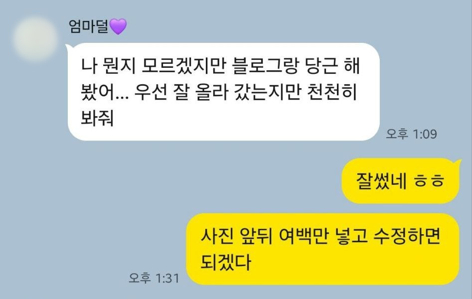 어머니와 나눈 문자: ‘나 뭔지 모르겠지만 블로그랑 당근 해봤어…
                우선 잘 올라 갔는지만 천천히 봐줘’