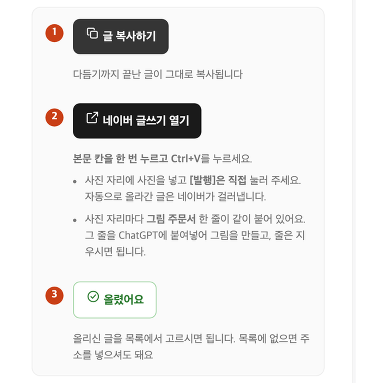 올리기 안내 — 1 글 복사하기, 2 네이버 글쓰기 열기, 3 올렸어요 세 걸음이 차례로 적혀 있습니다